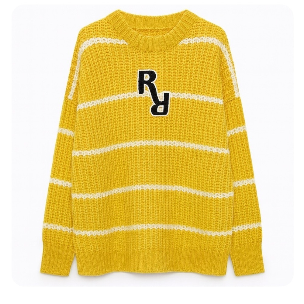 Peacebird Mustard Yellow And White Striped
Oversized Sweater Size Medium EUC!